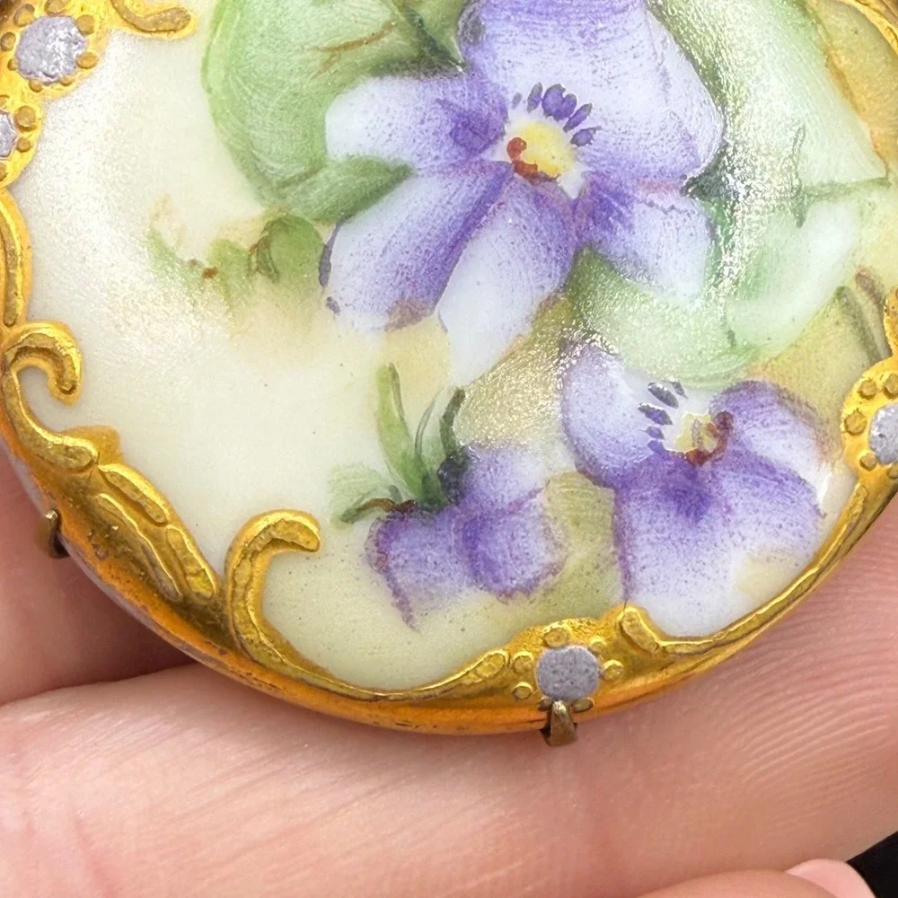 Vintage Victorian Hand Painted Porcelain Brooch Gold Purple Violets